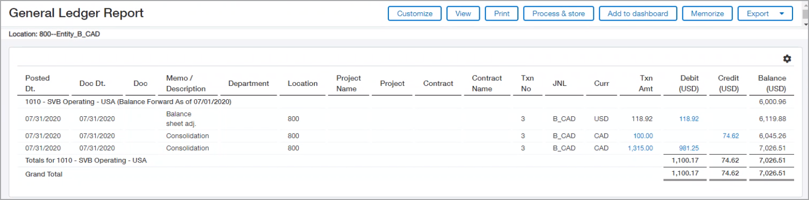 Ein Hauptbuch-Report zum Konsolidierungsbuch zeigt den in der vorherigen Tabelle besprochenen Journaleintrag.