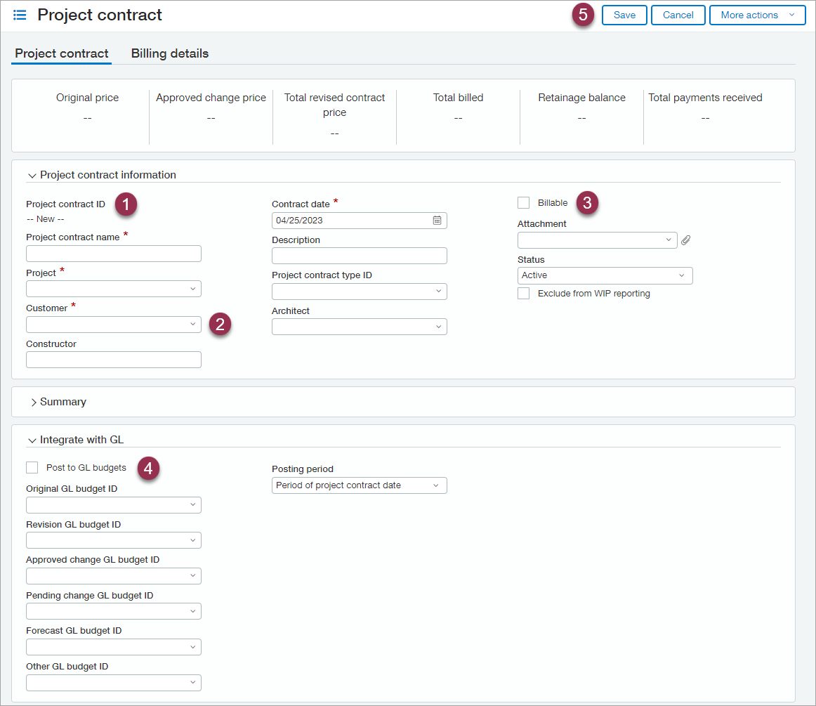 Die Seite "Projektvertrag".