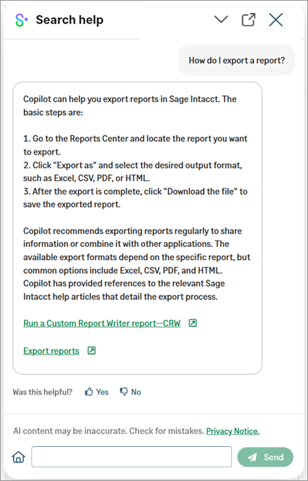 Das Copilot-Bedienfeld unter "Suchhilfe".