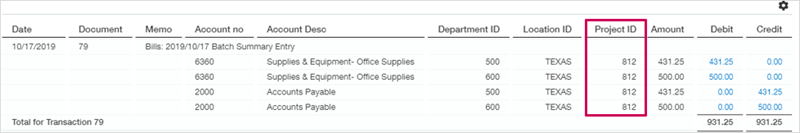 Ein Eintrag mit den angegebenen Abteilungen, Standorten und Projekten