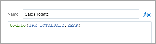 Die Berechnung des Todate-Datums, wie sie im Berechnungsbereich angezeigt wird, nachdem die ASCII-Textformel bearbeitet wurde: todate(TRX_TOTALPAID,YEAR,1).