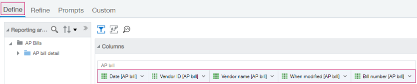 Spalten auf dem Tab "Definieren" sind hervorgehoben, um die Reihenfolge vor dem Export hervorzuheben.