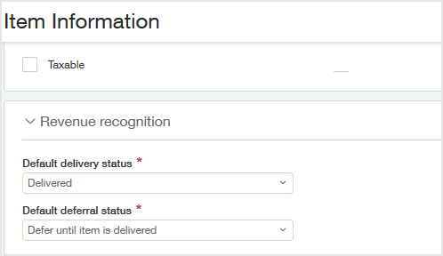 Die Seite "Artikelinformationen" verfügt über einen Abschnitt "Umsatzrealisierung", der die Felder "Standardlieferung Status" und "Standardaufschub Status" enthält.