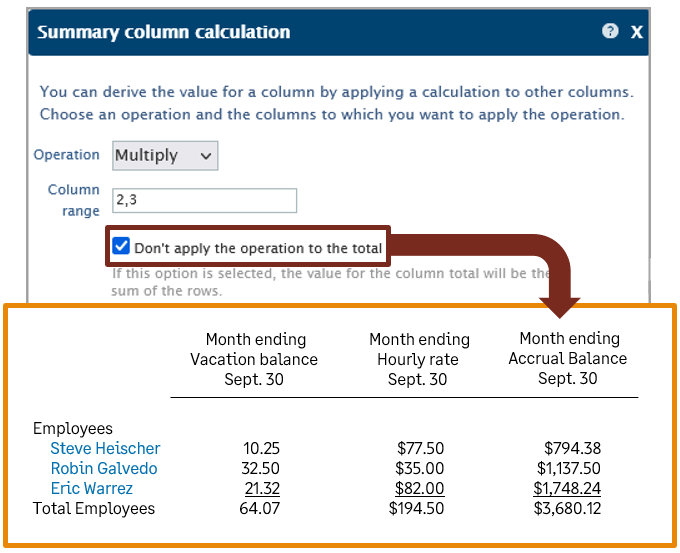 Report, bei dem der Vorgang nicht auf die Summe angewendet wird.
