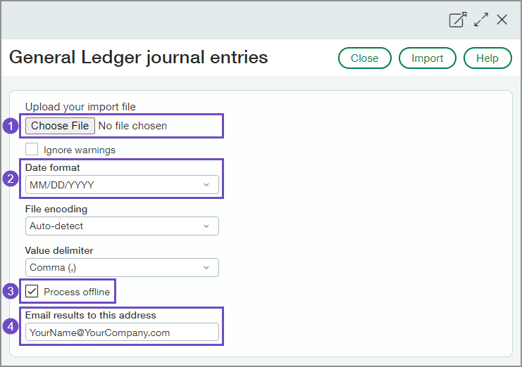 Empfohlene Felder zum Ausfüllen im Importdialogfeld.