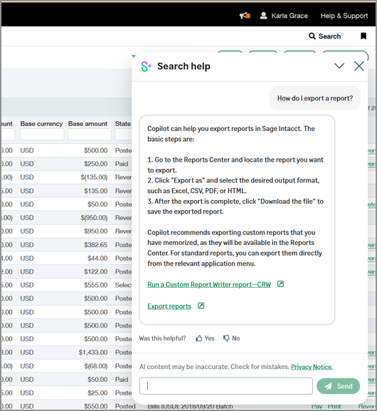 Zeigt ein Beispiel für eine Hilfeabfrage und eine KI-generierte Antwort an.