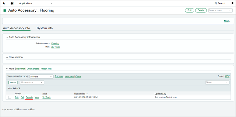 Hervorgehobene Option "Entfernen" in der zugehörigen Liste eines benutzerdefinierten Objekts.