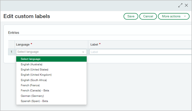 Dialogfeld "Benutzerdefiniertes Label" mit Dropdown-Menü mit den acht verfügbaren Sprachoptionen.