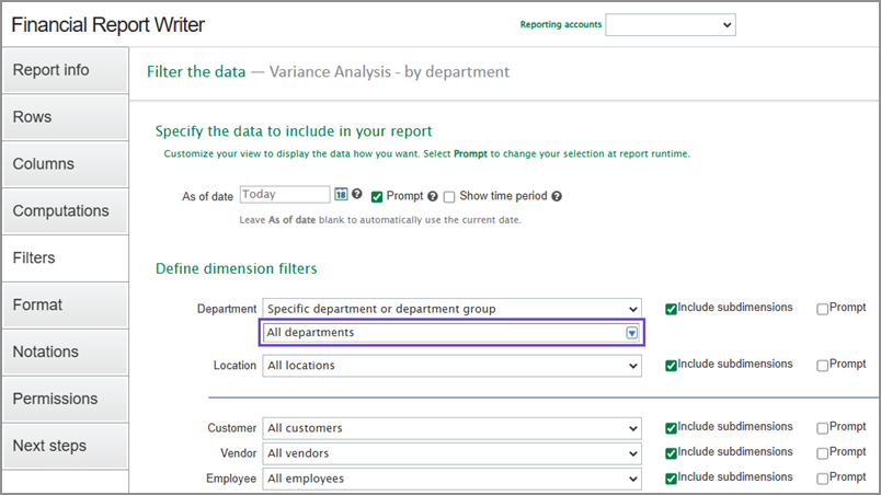 Tab "Filter" im Finanzreportgenerator.