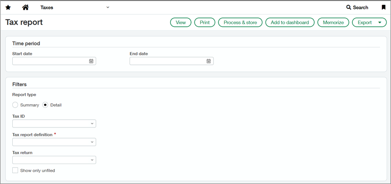 Screenshot der Seite zum Ausführen des Steuerreports.
