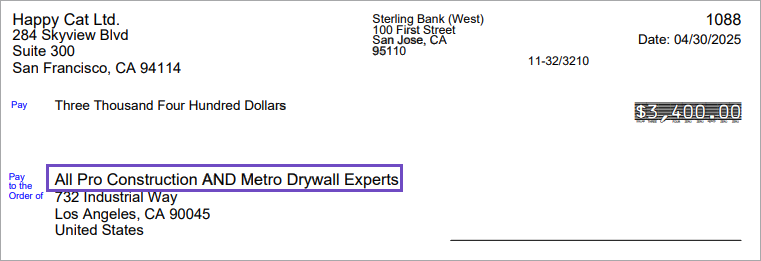 Ein Scheck in Höhe von 3400 an "All Pro Construction" UND "Metro Drywall Experts"