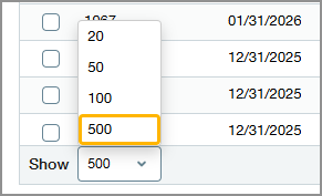 Auswahl für die Anzahl der Datensätze, die in einer Liste angezeigt werden sollen.