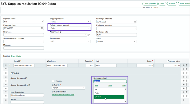 Feld für die Standardzustellungsmethode in einer Verbrauchsmaterialanforderung