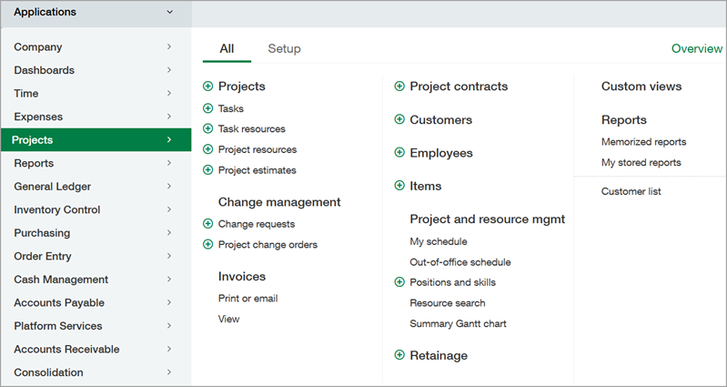 Anwendungsmenü "Projekte" auf dem Tab "Alle".