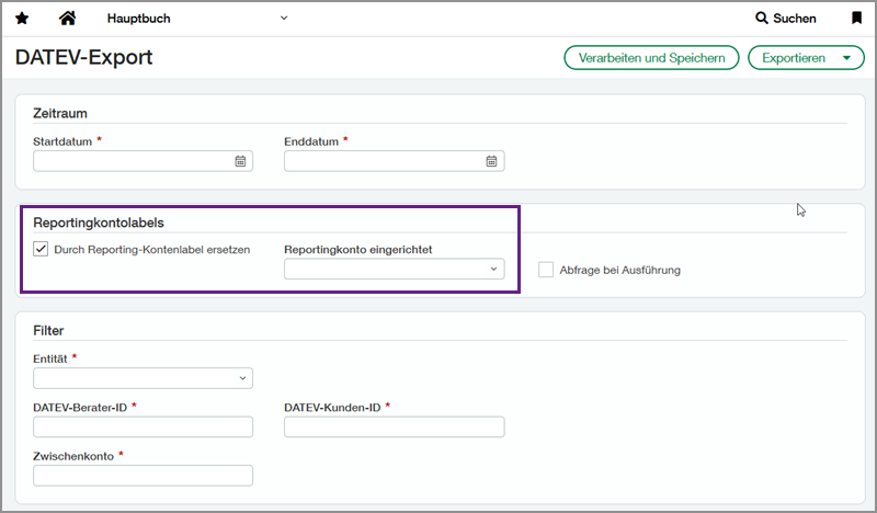 Screenshot der DATEV-Exportseite mit dem Abschnitt "Reportingkontolabels", der in einem violetten Feld hervorgehoben ist.