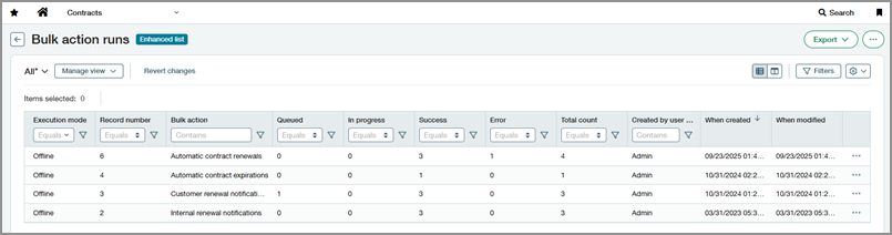 Die Liste der Bulk-Aktionen wird unter Verträge ausgeführt