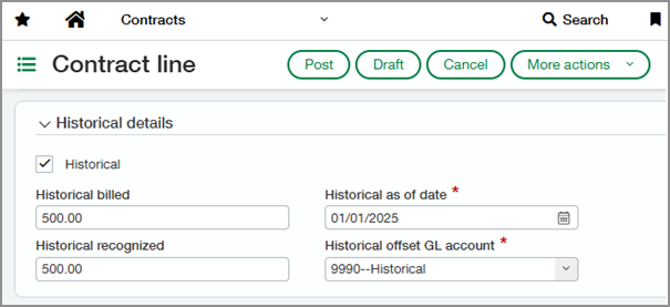 Abschnitt "Historische Details" einer Vertragsposition