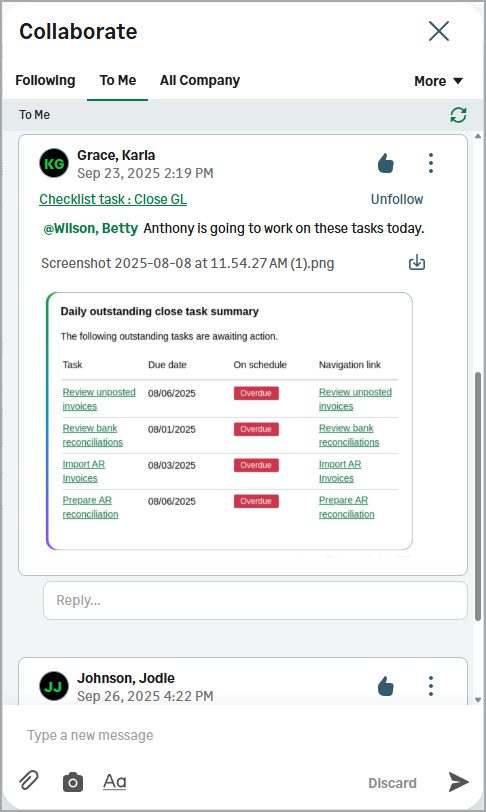 Bedienfeld "Zusammenarbeit" mit einer Nachricht mit geteilten Erkenntnissen.