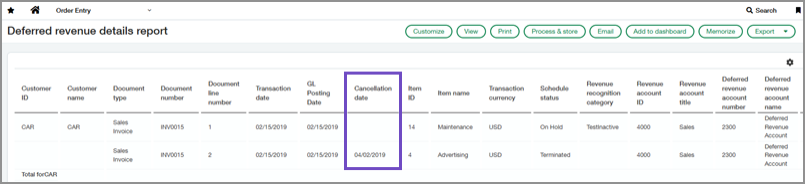 Report "Details zu passiver Rechnungsabgrenzung" mit der Spalte "Stornierungsdatum".