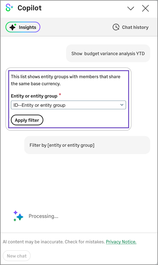 Copilot-Bereich mit einer Dropdown-Liste "Entität oder Entitätsgruppe". Sie wählen eine davon aus und wählen dann "Filter anwenden".