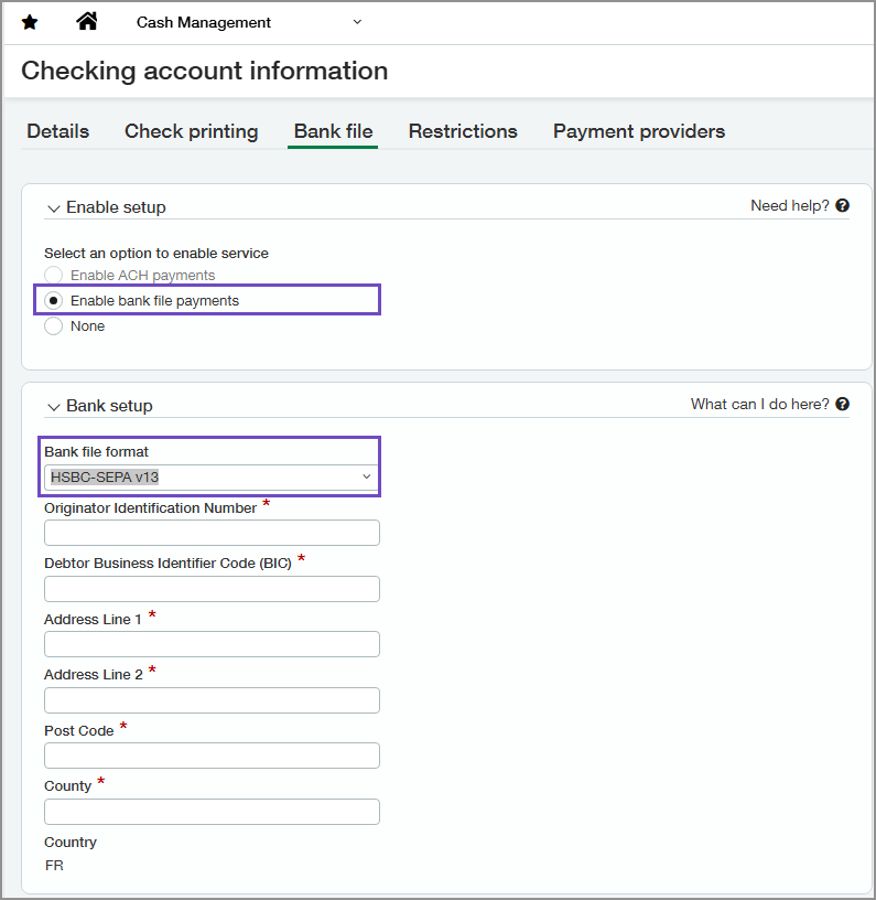 Tab "Bankdatei" eines Kontos mit ausgewählter Option "HSBC-SEPA v13"