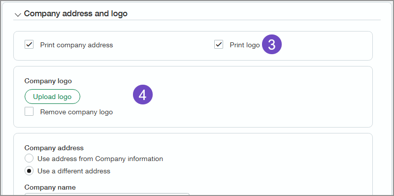 Abschnitt "Unternehmensadresse und Logo", die Option "Logo drucken" ist ausgewählt