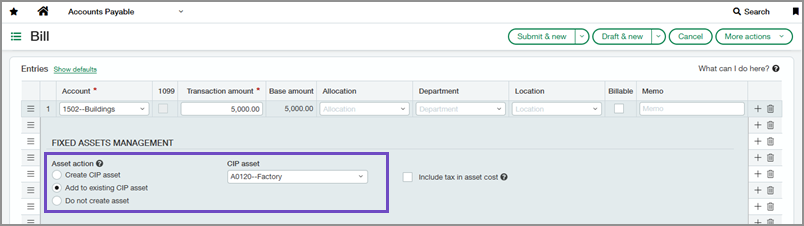 Rechnungsposition mit der Aktion "Zu vorhandenem CIP hinzufügen".