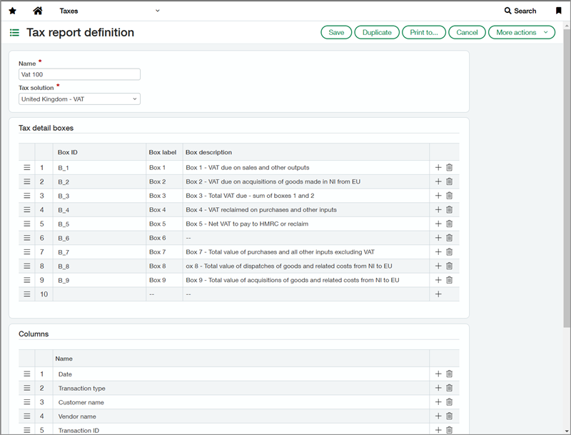 Screenshot der Definitionsseite für Taxbox-Reports mit Beispieldefinitionen für VAT 100 für die USt-Steuerlösung für das Vereinigte Königreich.