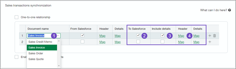 Die klassischen Steuerelemente zur Synchronisierung von Transaktionstransaktions-Datensätzen mit Salesforce von Intacct auf der Seite "Erweiterte CRM-Konfiguration" in Intacct.