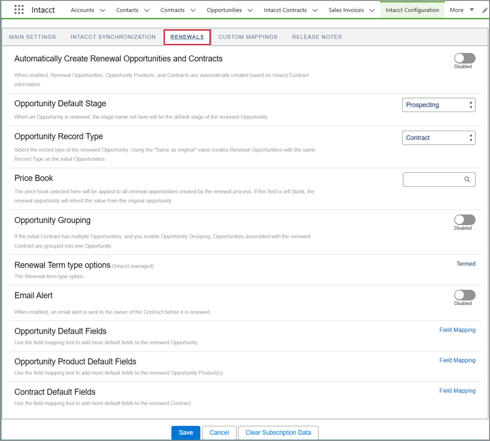 The Renewals tab of the Intacct Configuration application in Salesforce.