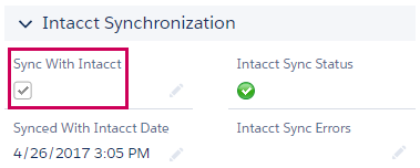 Das Kontrollkästchen "Mit Intacct synchronisieren" in einem Konto-Datensatz in Salesforce.