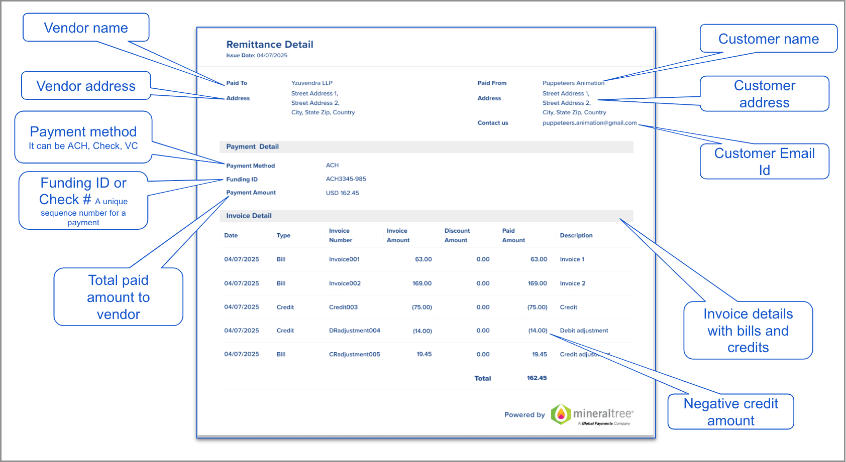 An example emailed remittance with payment information.