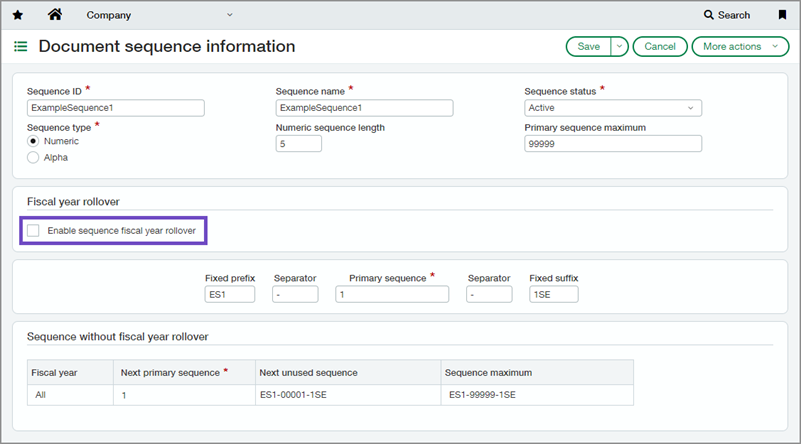 The Enable fiscal year rollover checkbox highlighted on the Domain sequences page.
