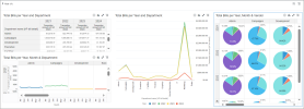 Four visualizations illustrate a pivot table, combo chart, line chart, and donut chart, exploring the data in different ways.