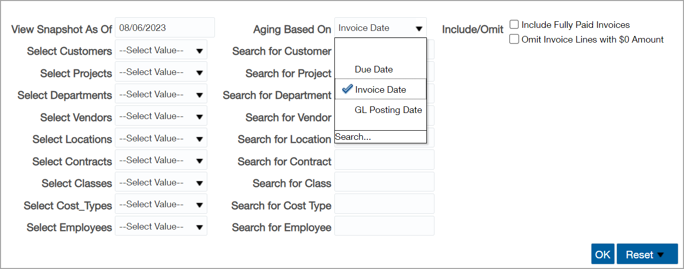 A list of options you can choose from to create a custom snapshot of AR data.