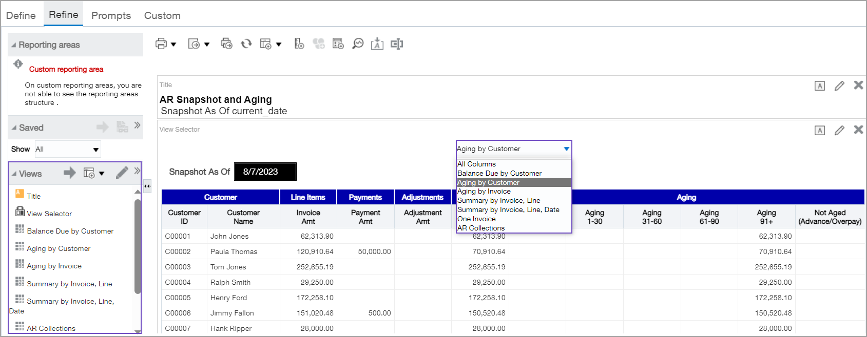 You can easily switch between the available table views by making a selection from the View Selector dropdown meanu.