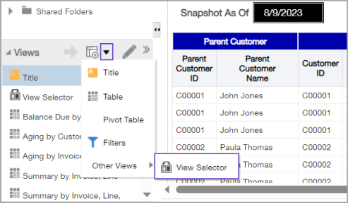 Open the View Selector pane to customize the list of available views.