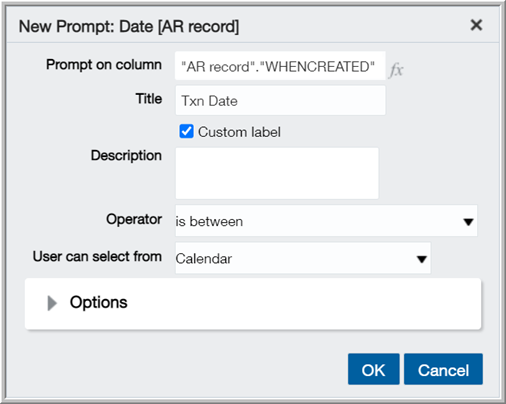 Transaction date prompt that requires the user to select dates from a calendar and then displays the data in between the selected dates.