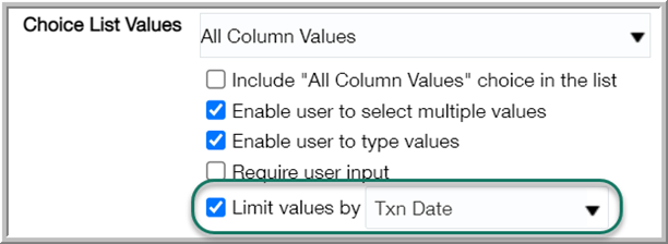 The Limit values by option is selected for All Column Values on the Choice List Values dialog.