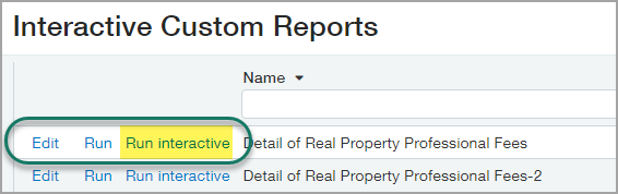Select the Run Interactive link next to an ICRW report name to activate the report's advanced prompts when you run the report.