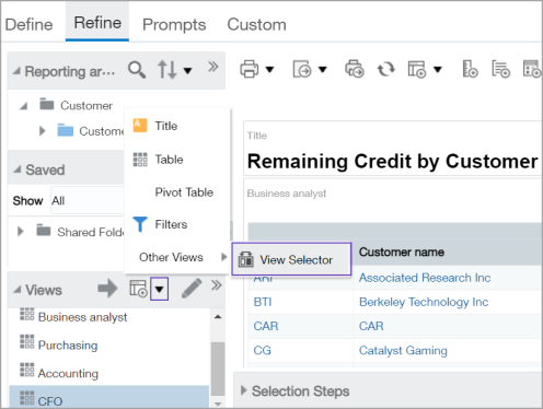 View Selector The New View menu provides the option for adding a View Selector view to your report.