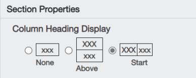 The Start button is highlighted under Column Heading Display in the Section Properties dialog.