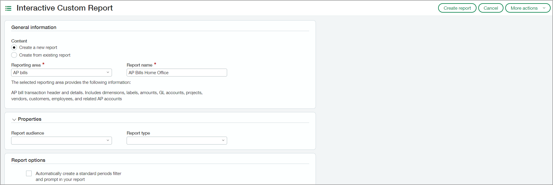 Create a new ICRW report The General information page allows you to choose a reporting area for a new report and enter a unique report name. You can also select a report audience and report type, if desired.