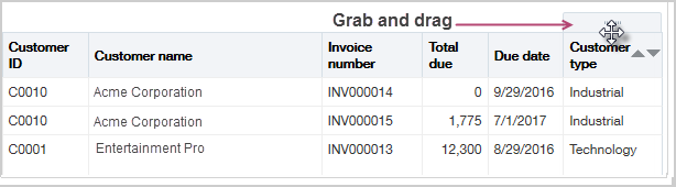 Select and move column Move icon appears over selected column heading. An arrow indicates that the column has been dragged to the right to a new location in the table.