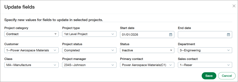 The Update fields dialog shows the fields available for modification. You specify the values for the fields that you want to change on all the selected projects.