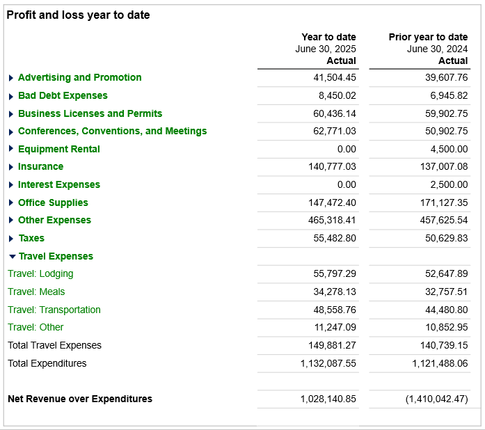 Example profit and loss report showing actuals up to June 30 for the current year and for the prior year, side by side.