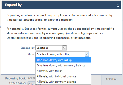 Expand by options, One level down, with roll-up selected.