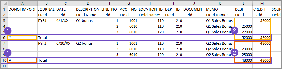 Example of total rows that are used for reference, and are not imported.