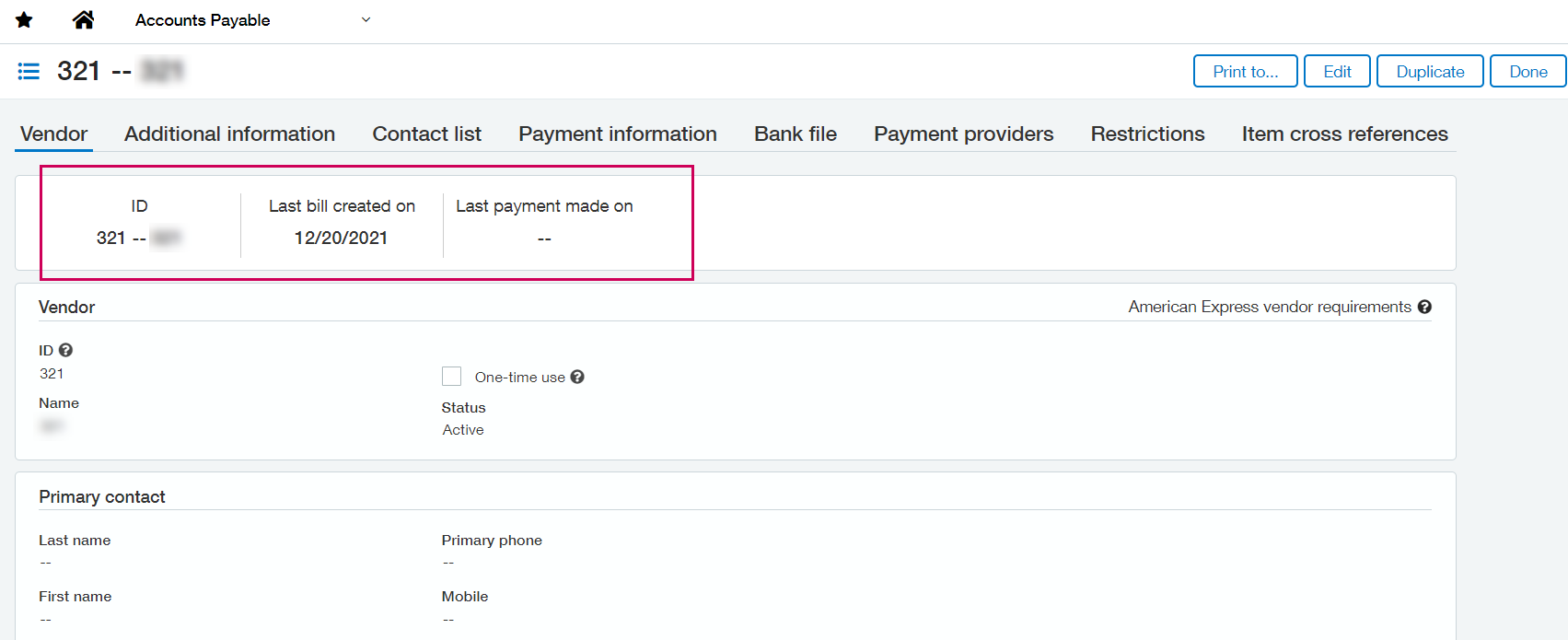 Screenshot of the vendor record page with the new vendor summary header called out.