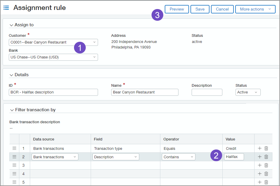 A screenshot of an assignment rule with three numbers calling out different features of the rule.